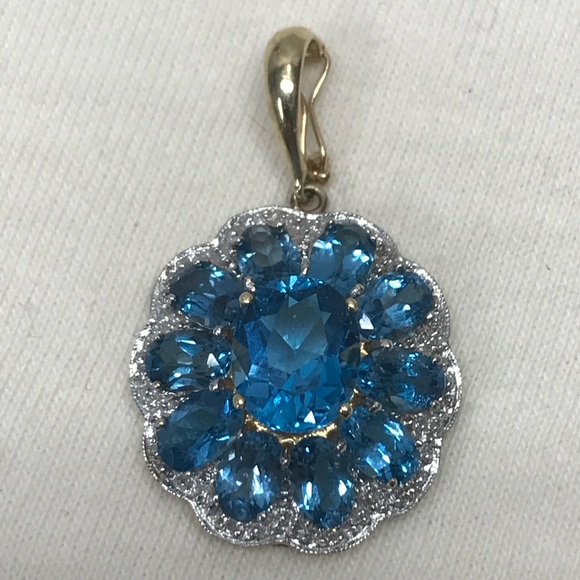 14k Gold Blue Topaz Flower Necklace Pendant - Picture 2 of 12
